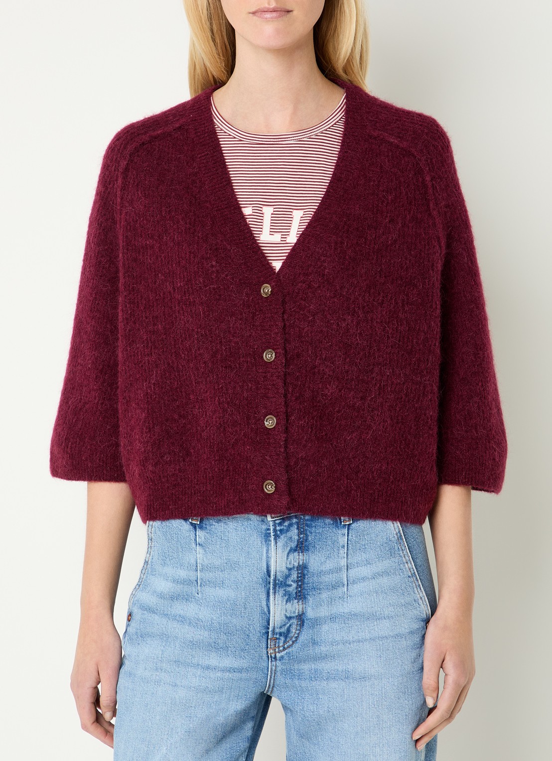 Mos Mosh MMThora Lizet grofgebreid vest in kasjmierblend - detail bordeauxrood