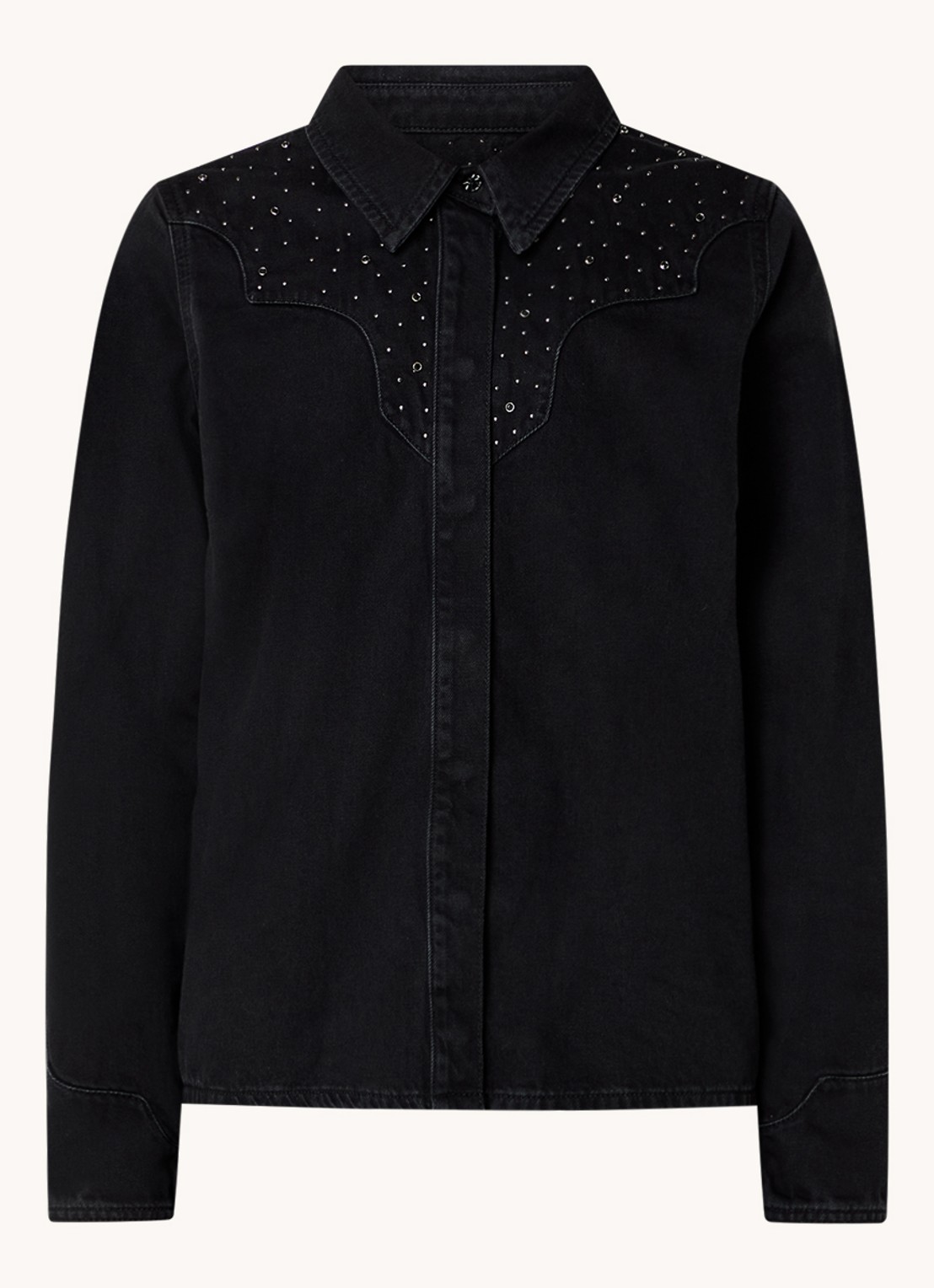 Mos Mosh MMVira blouse van denim met strass - voorkant 3 zwart