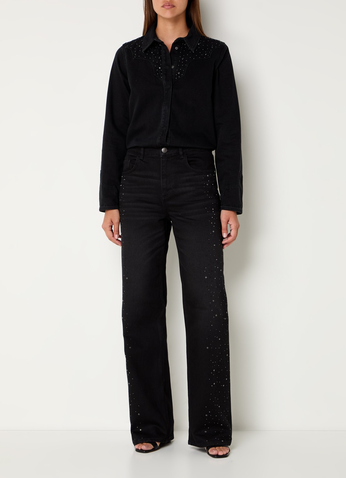 Mos Mosh MMVira blouse van denim met strass - voorkant 4 zwart