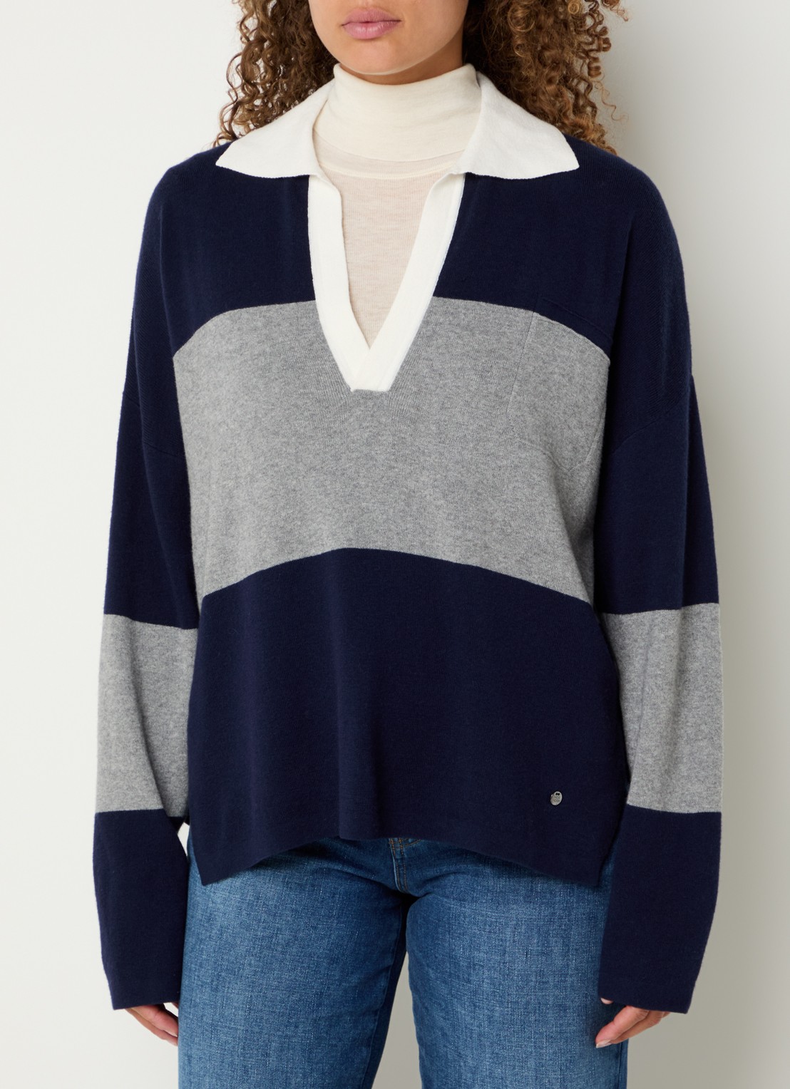 Mos Mosh MMWylie Tani fijngebeide pullover in kasjmierblend - detail donkerblauw
