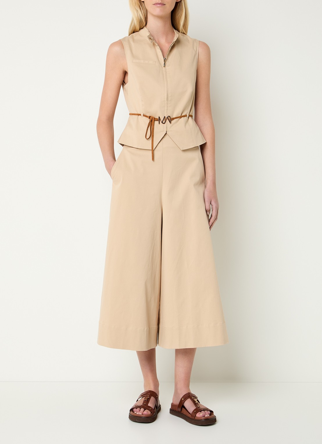 Mos Mosh MMZuri Tenca high waist wide fit culotte met steekzakken - voorkant 4 beige