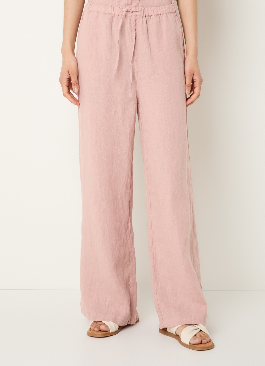 Moscow Heylow mid waist wide fit broek van linnen met steekzakken - detail 3 roze
