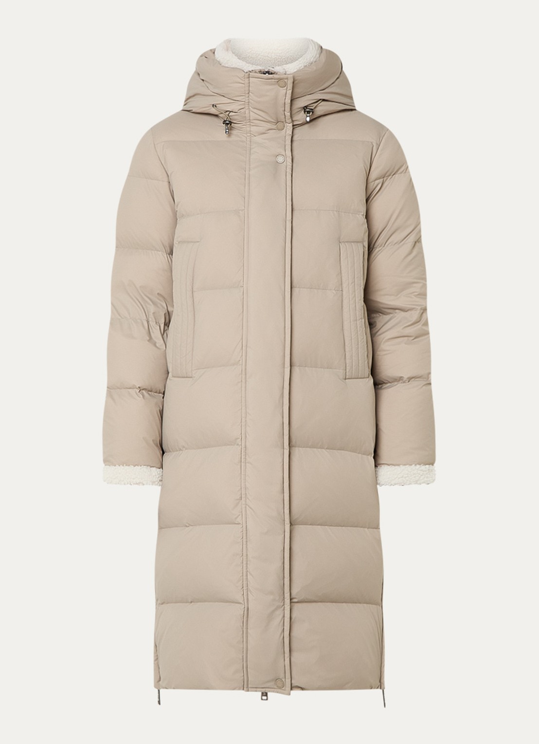 Moscow Xenia longline puffer jas met donsvulling en details van teddy - voorkant taupe