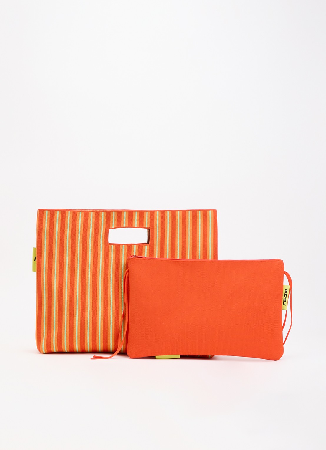 MOSJ Atelier Cosmo Everything Bucket shopper met streepprint en uitneembaar etui - voorkant 5 orange