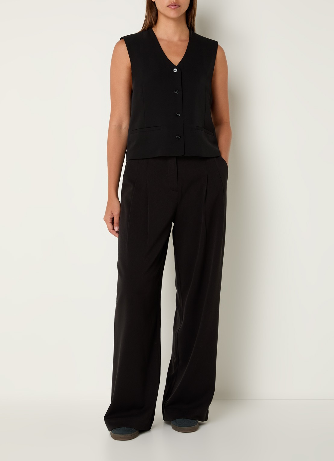 MSCH Copenhagen Henrika high waist wide fit pantalon met plooidetail - voorkant 4 zwart