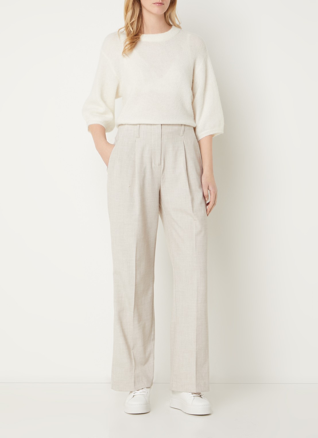 MSCH Copenhagen High waist straight fit pantalon met gemêleerd dessin - voorkant 4 beige