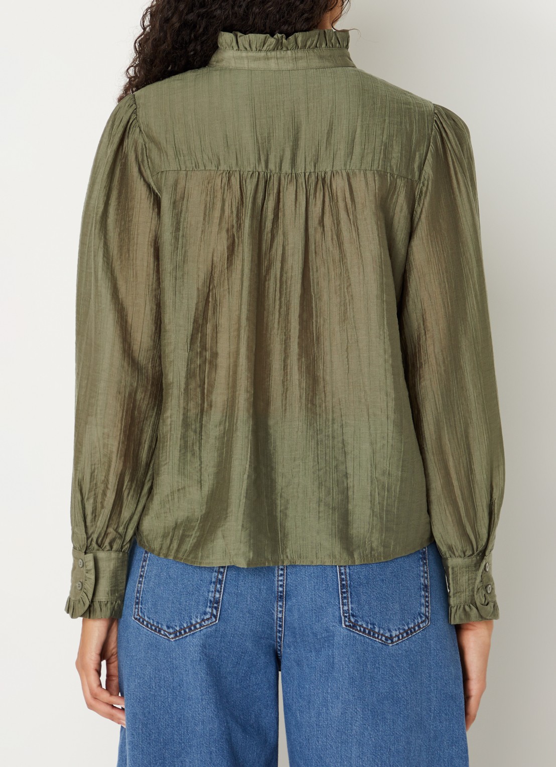 MSCH Copenhagen MSCHFemine blouse met ruches en pofmouw - achterkant olijfgroen