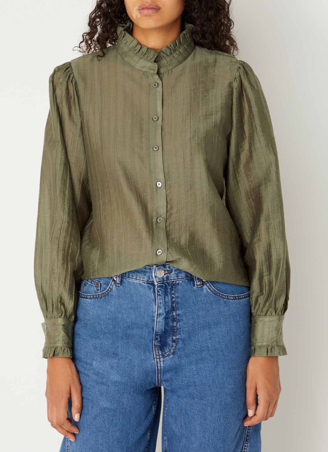 MSCH Copenhagen MSCHFemine blouse met ruches en pofmouw - detail 4 olijfgroen