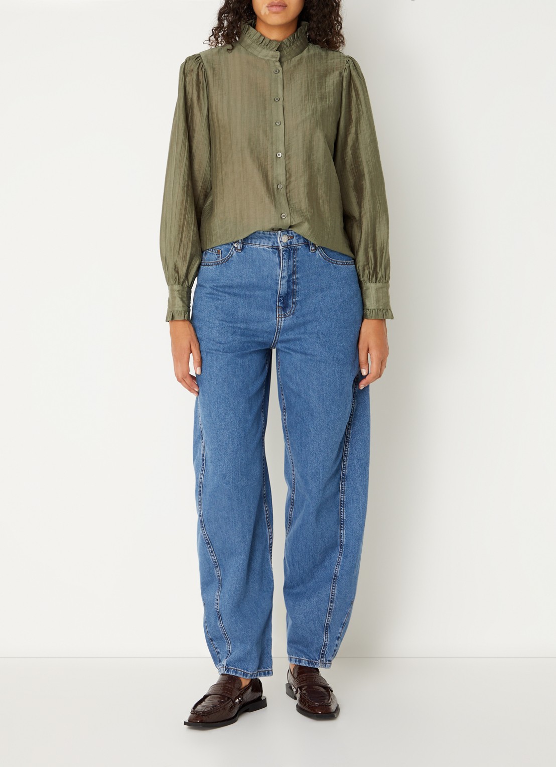 MSCH Copenhagen MSCHFemine blouse met ruches en pofmouw - voorkant 3 olijfgroen