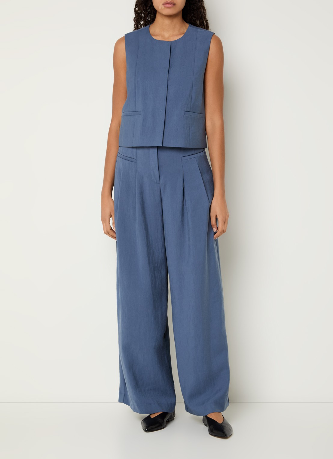 MSCH Copenhagen MSCHFrode high waist wide fit pantalon met paspelzakken - voorkant 2 staalblauw