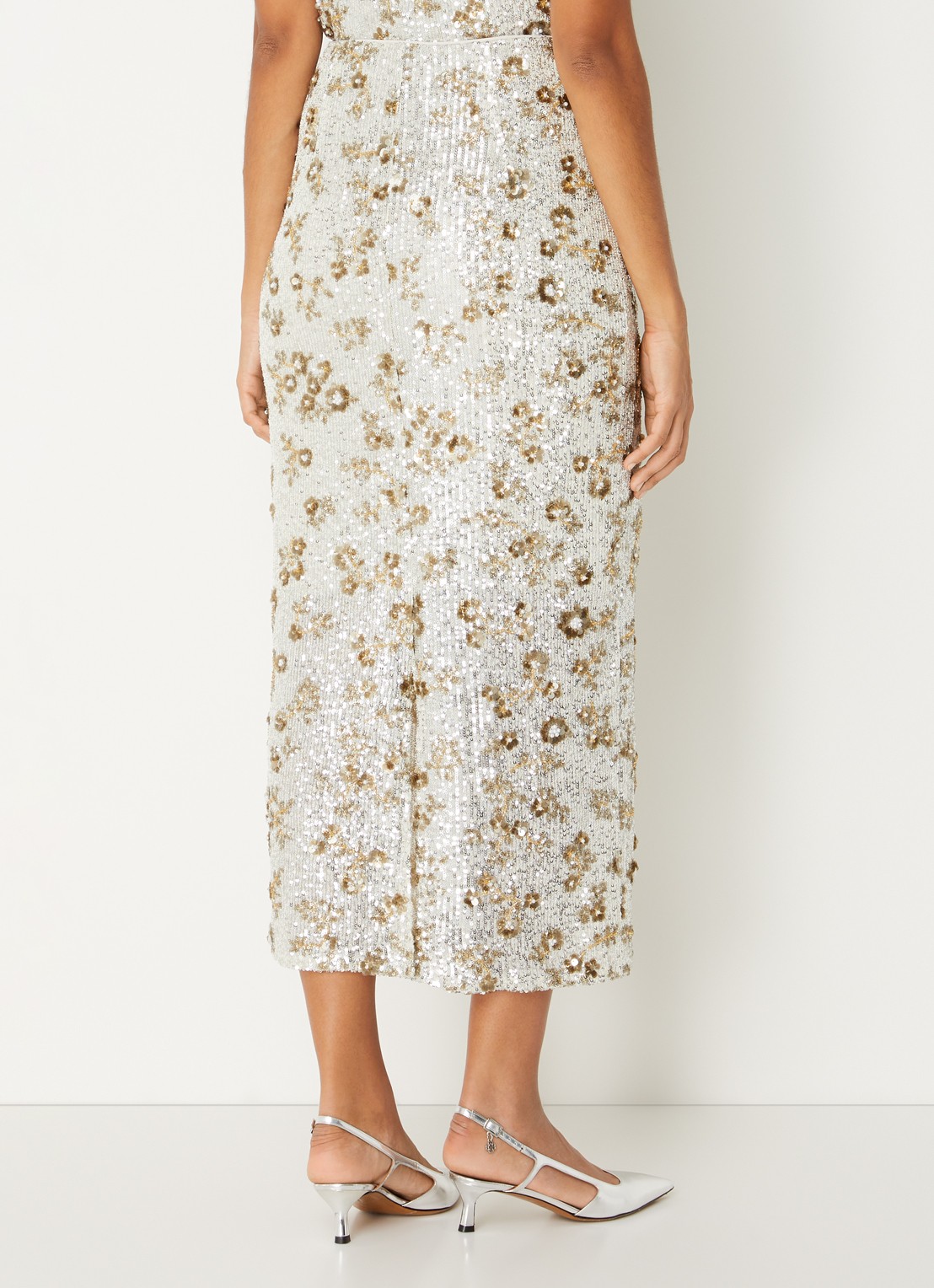 MSCH Copenhagen MSCHMagnolia midi rok met pailletten en kralendecoratie - achterkant zilver