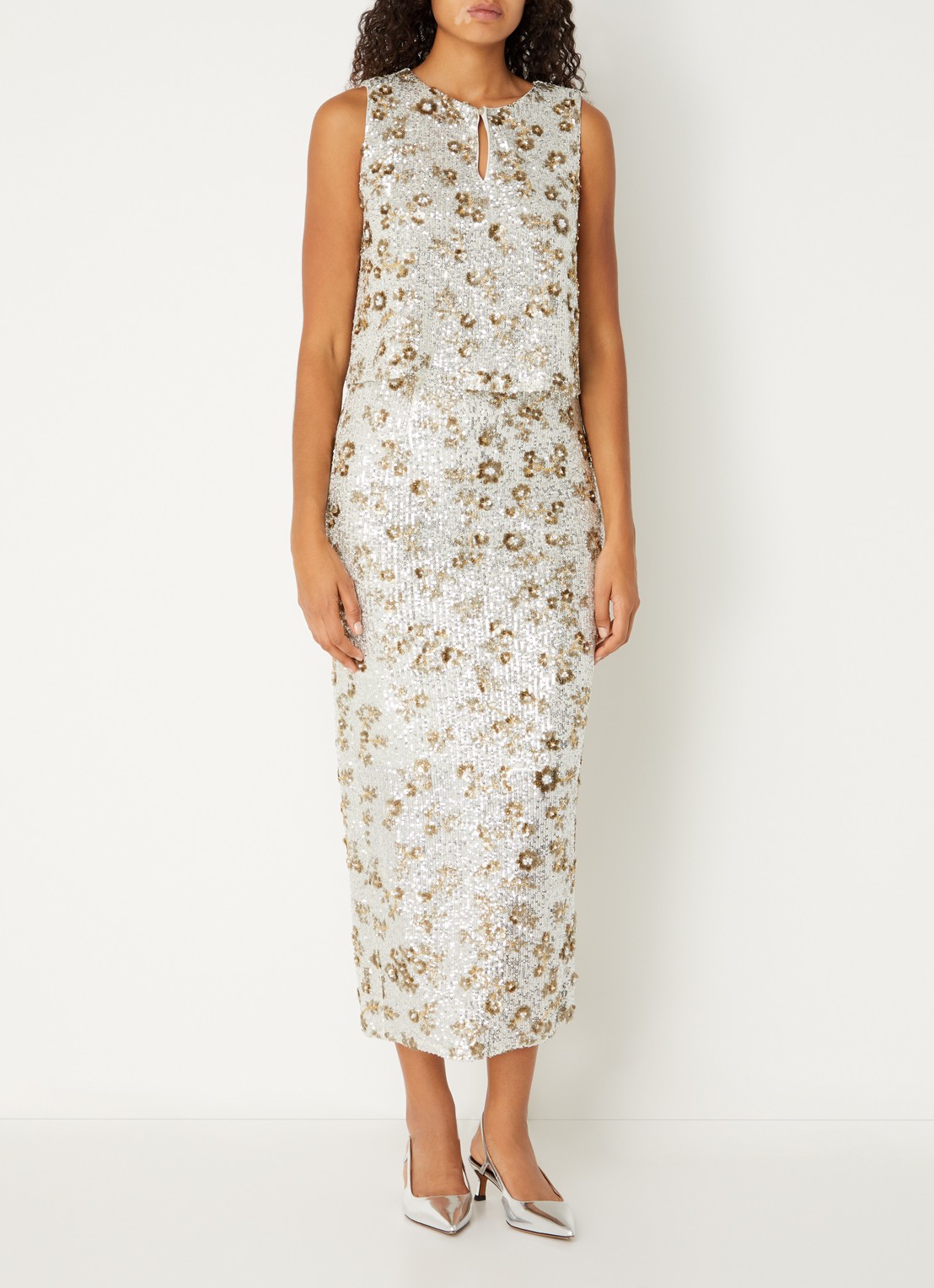 MSCH Copenhagen MSCHMagnolia midi rok met pailletten en kralendecoratie - voorkant 3 zilver