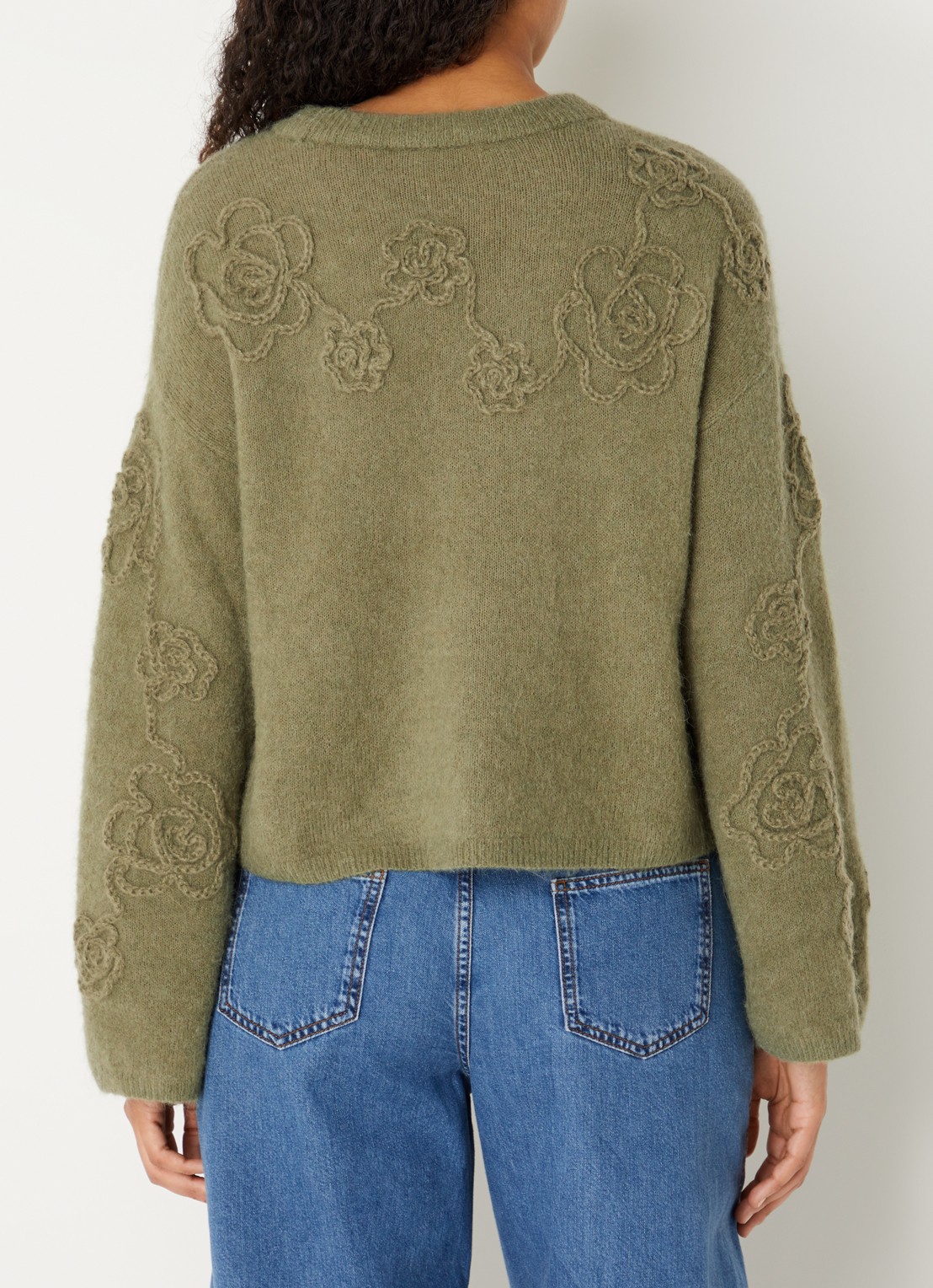 MSCH Copenhagen MSCHMiabelle Hope fijngebreide pullover in alpaca wolblend met bloemborduring - achterkant 2 olijfgroen
