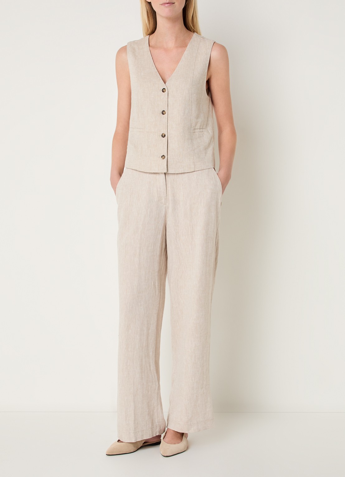 MSCH Copenhagen MSCHPennie high waist wide fit pantalon in linnenblend met steekzakken - voorkant 2 beige