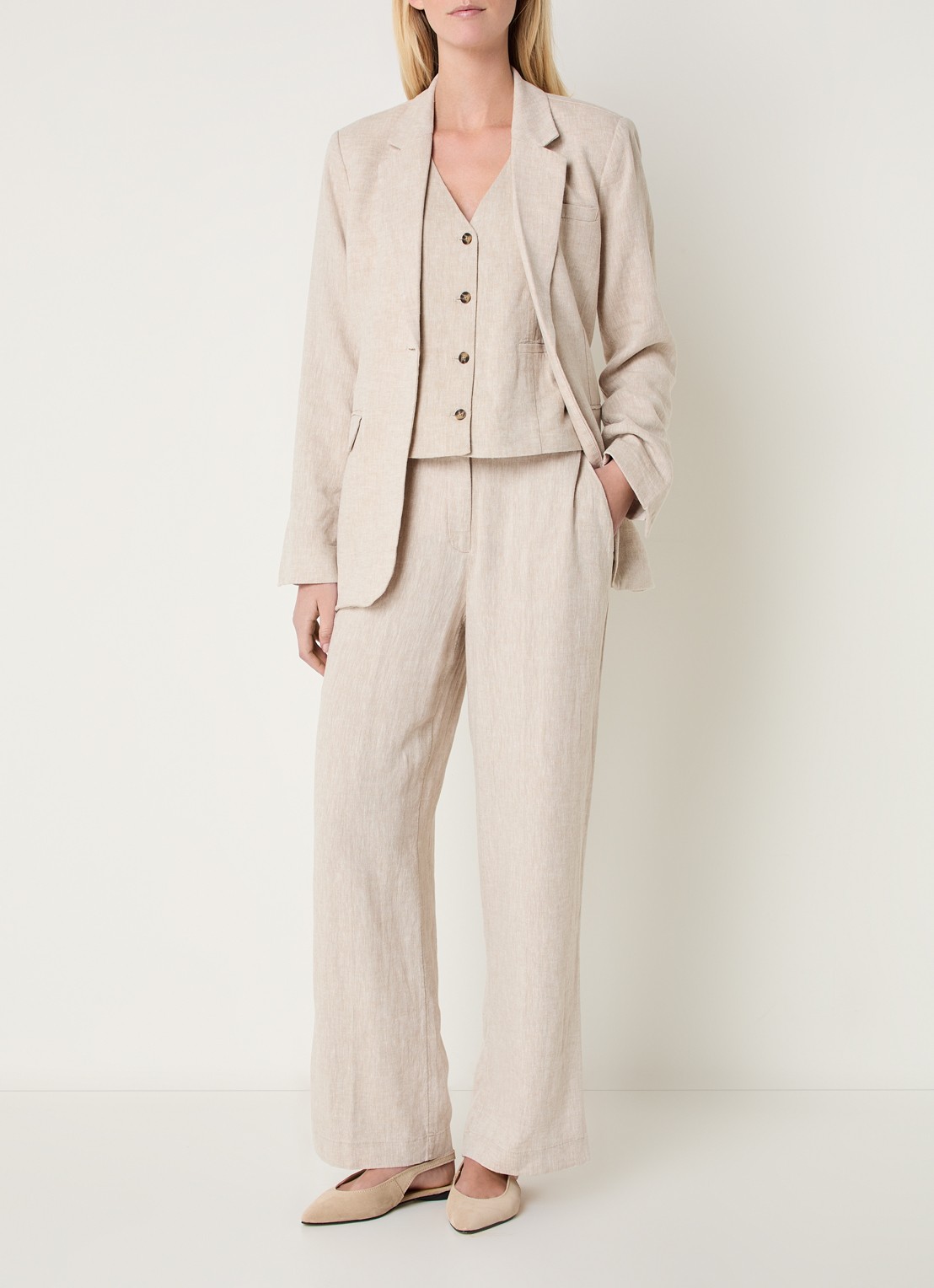 MSCH Copenhagen MSCHViana blazer in linnenblend met klepzakken en strikceintuur - voorkant 2 beige
