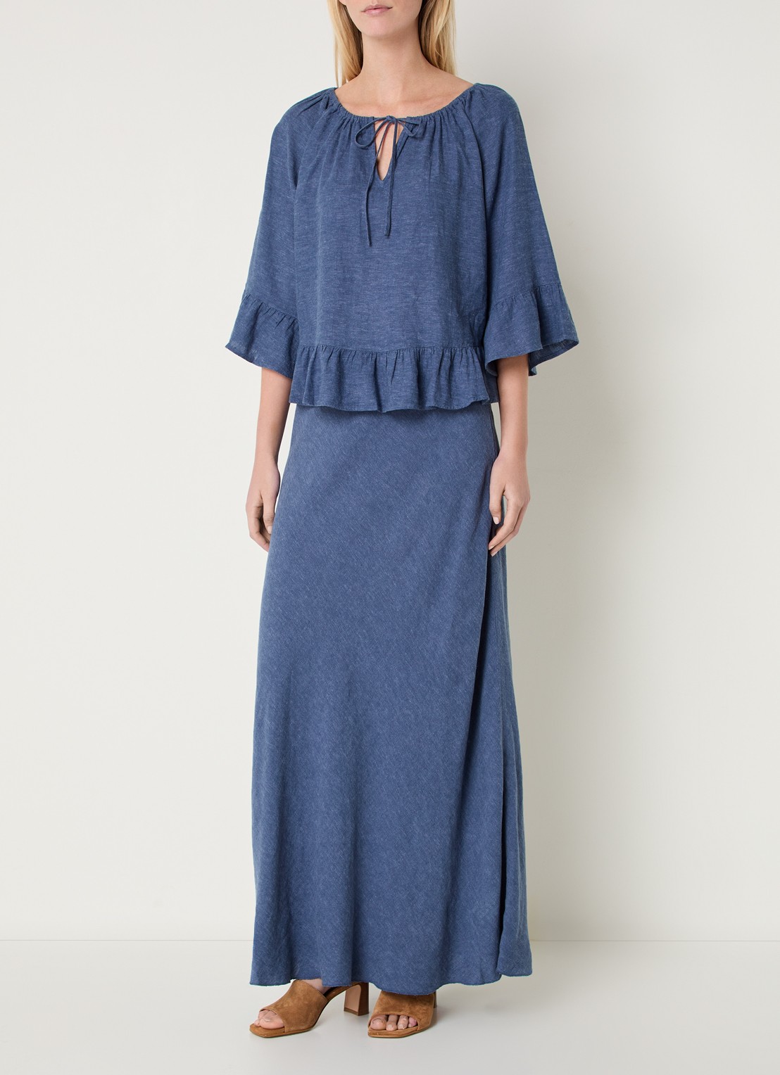 MSCH Copenhagen MSCHViana tuniek in linnenblend met strikkraag - voorkant 4 blauw