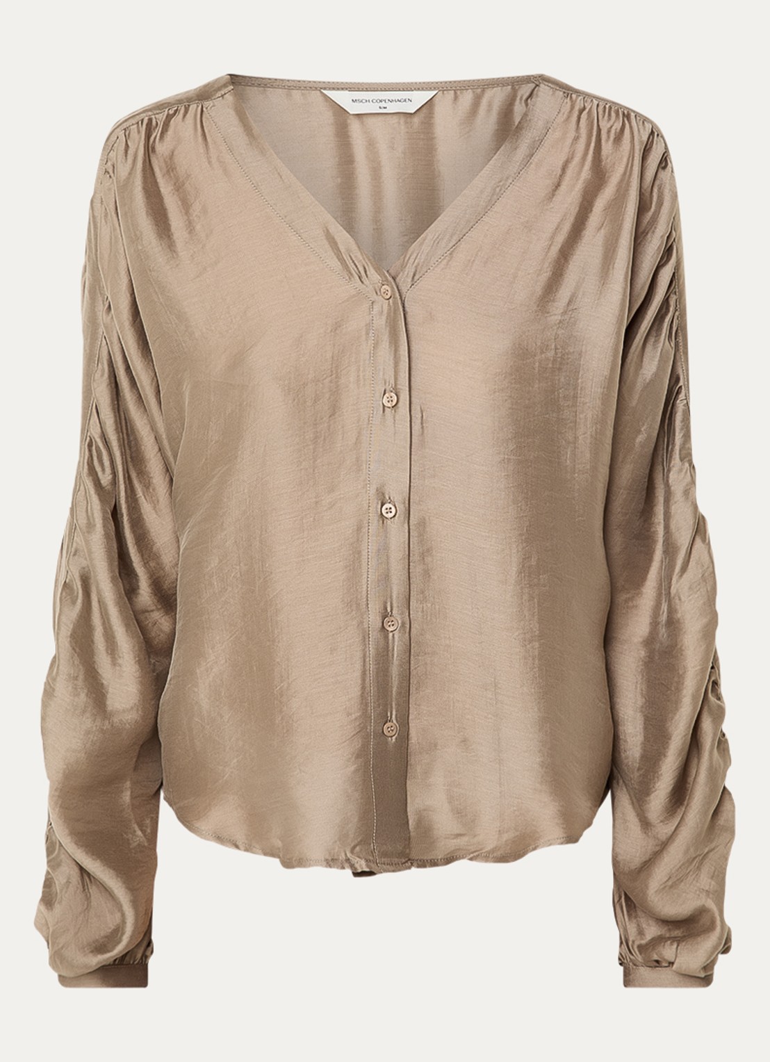 MSCH Copenhagen Ramona blouse van satijn met ballonmouw - voorkant 3 lichtbruin