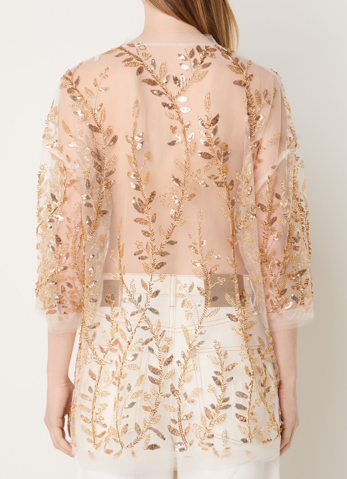 MUNTHE Babur semi-transparante top van mesh met strass en pailletten - achterkant 2 goud