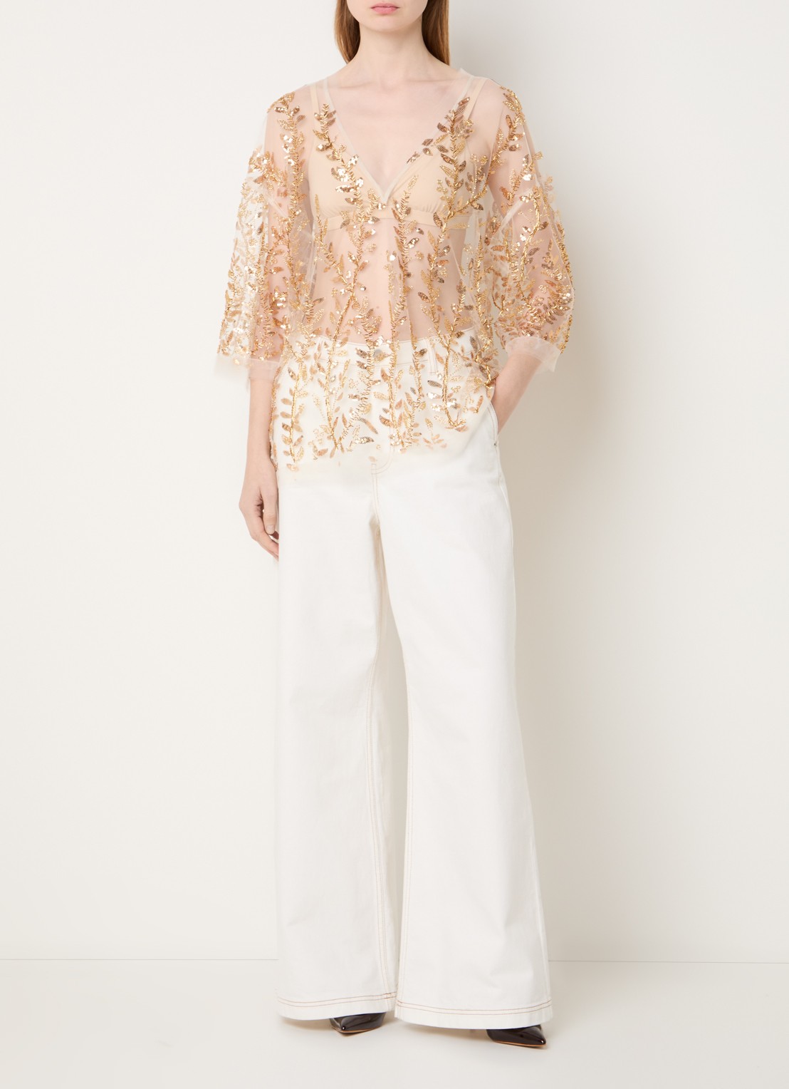 MUNTHE Babur semi-transparante top van mesh met strass en pailletten - voorkant 4 goud