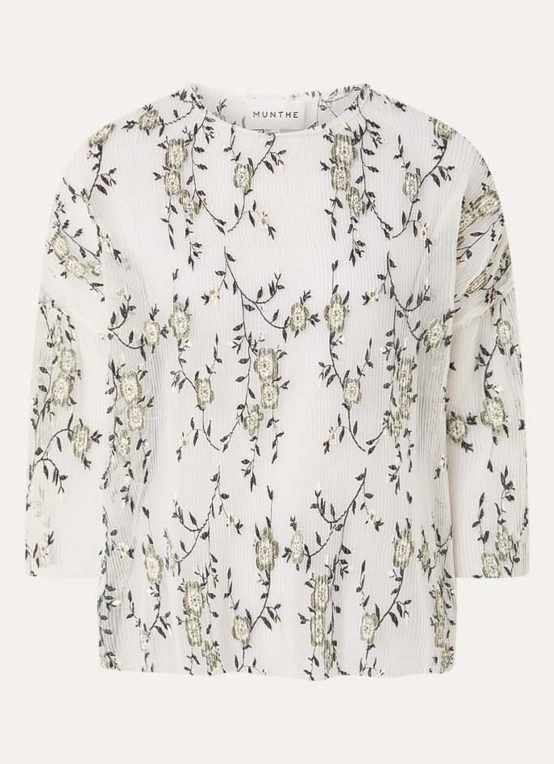 MUNTHE Baltazar semi-transparante top met bloemborduring en plissé - voorkant 3 gebroken wit
