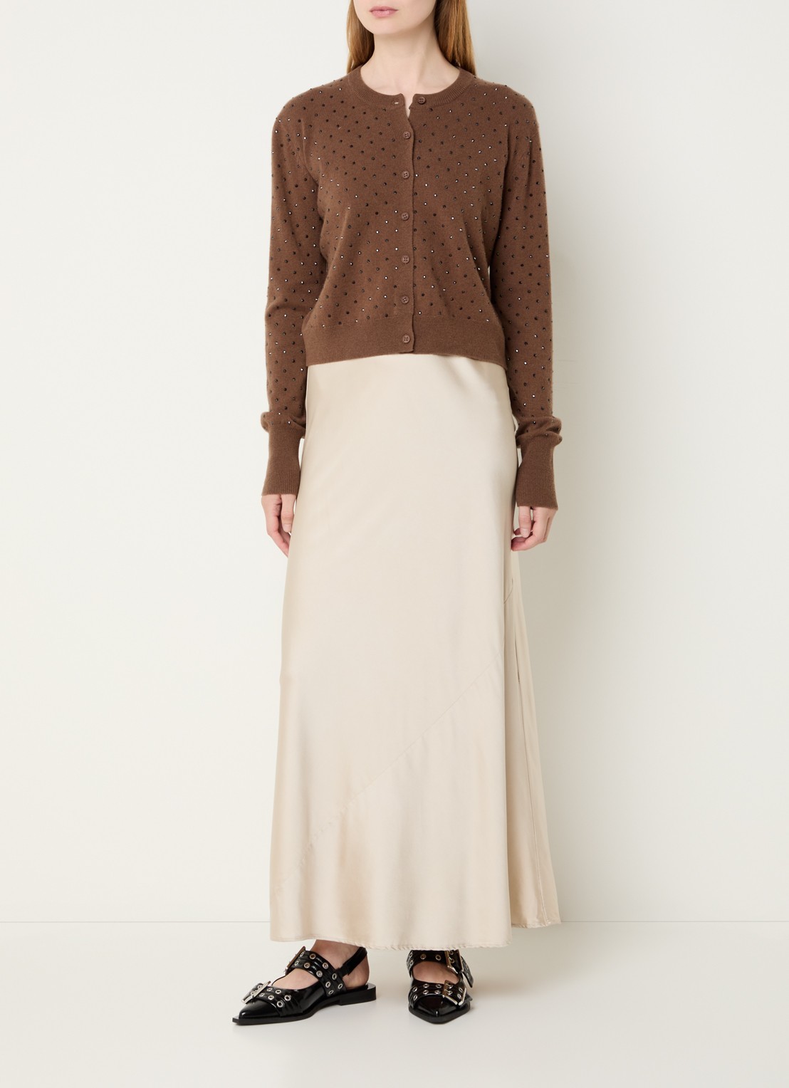 MUNTHE Bardot maxi rok van satijn - voorkant 3 creme
