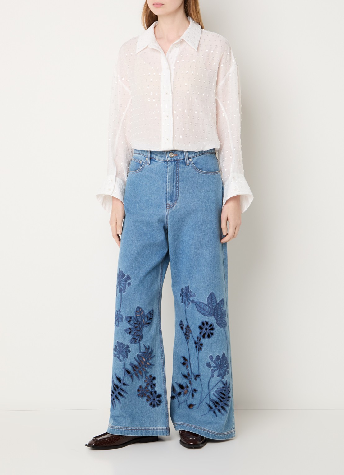 MUNTHE Bjarka semi-transparante blouse met pailletten - voorkant 3 ivoor