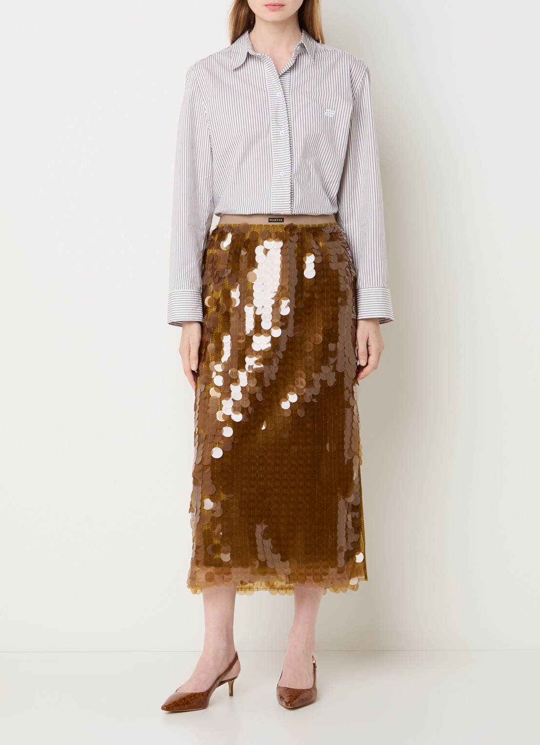 MUNTHE Bomi midi rok met pailletten - voorkant 3 bruin