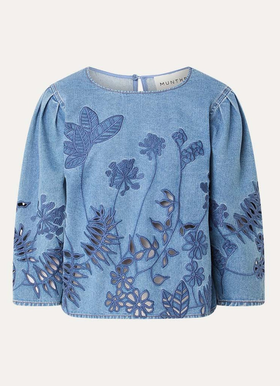 MUNTHE Bramble tuniek van denim met bloemborduring en opengewerkt detail - voorkant indigo