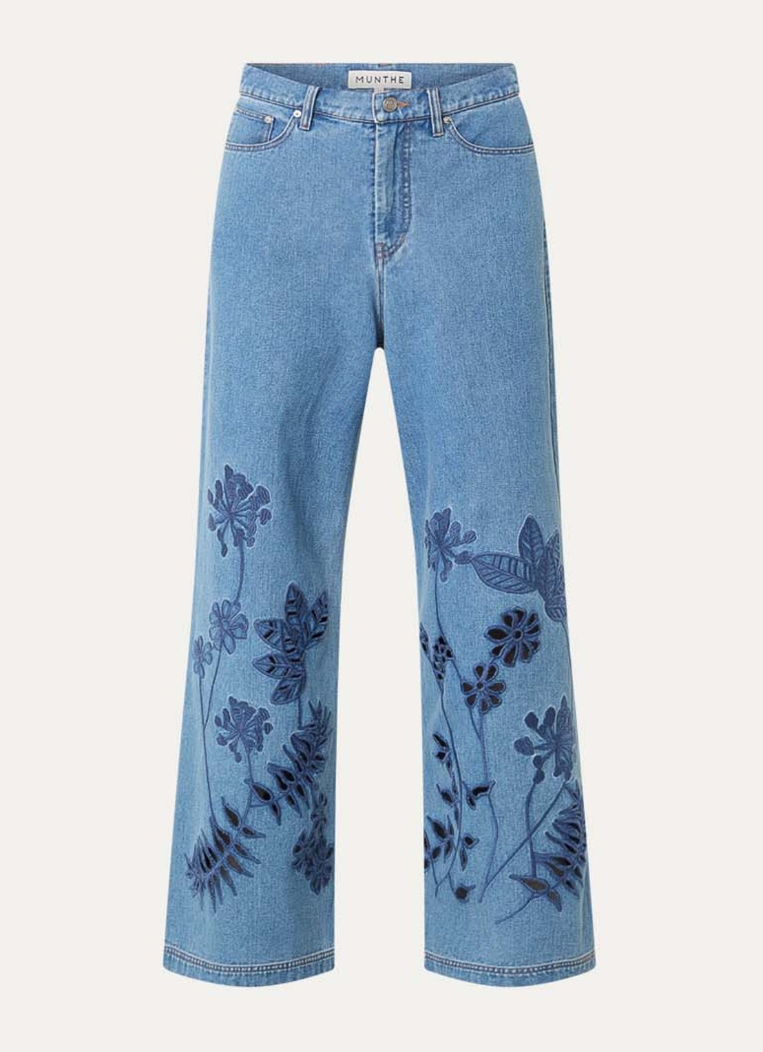 MUNTHE Ecube high waist wide leg jeans met borduring en opengewerkt dessin - voorkant 2 indigo