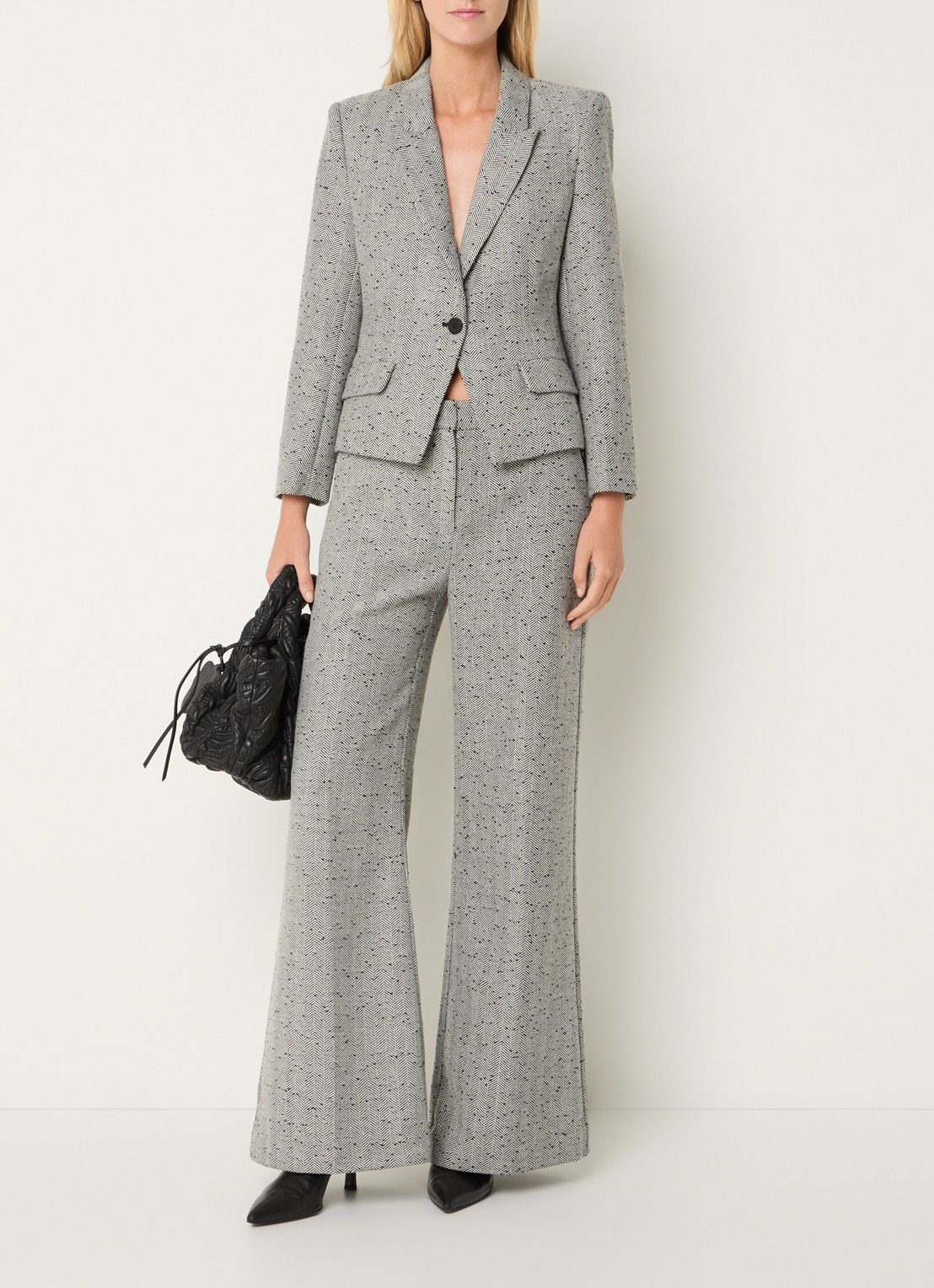 MUNTHE Eileen high waist flared fit pantalon met streepprint en pailletten - voorkant 4 grijs