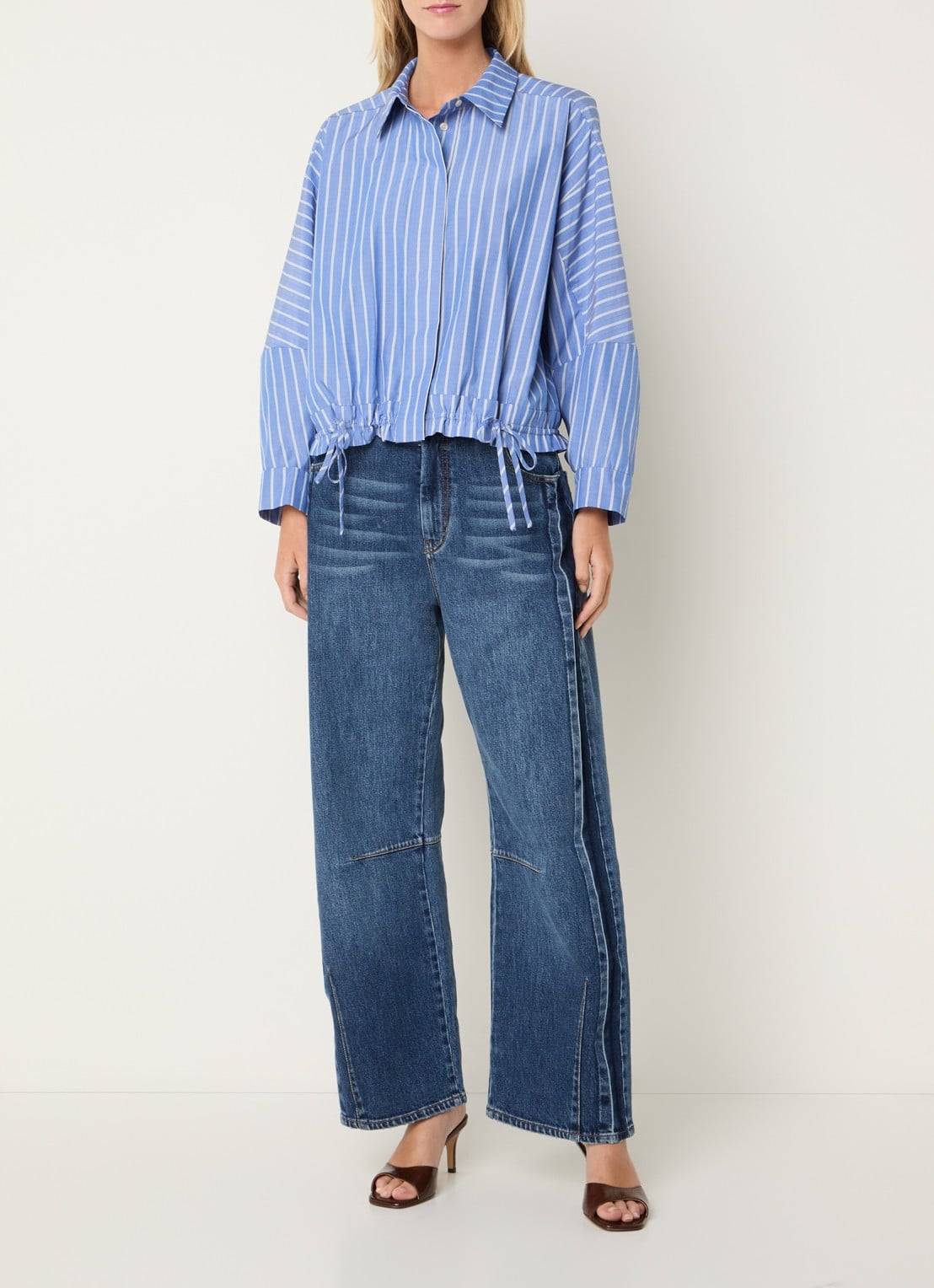 MUNTHE Loasta blouse met streepprint en trekkoord - voorkant 2 blauw