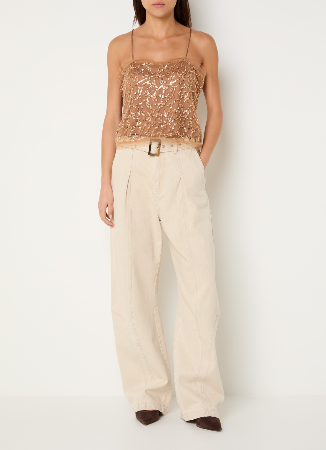 MUNTHE Nanina high waist loose fit chino met ceintuur - voorkant 3 beige