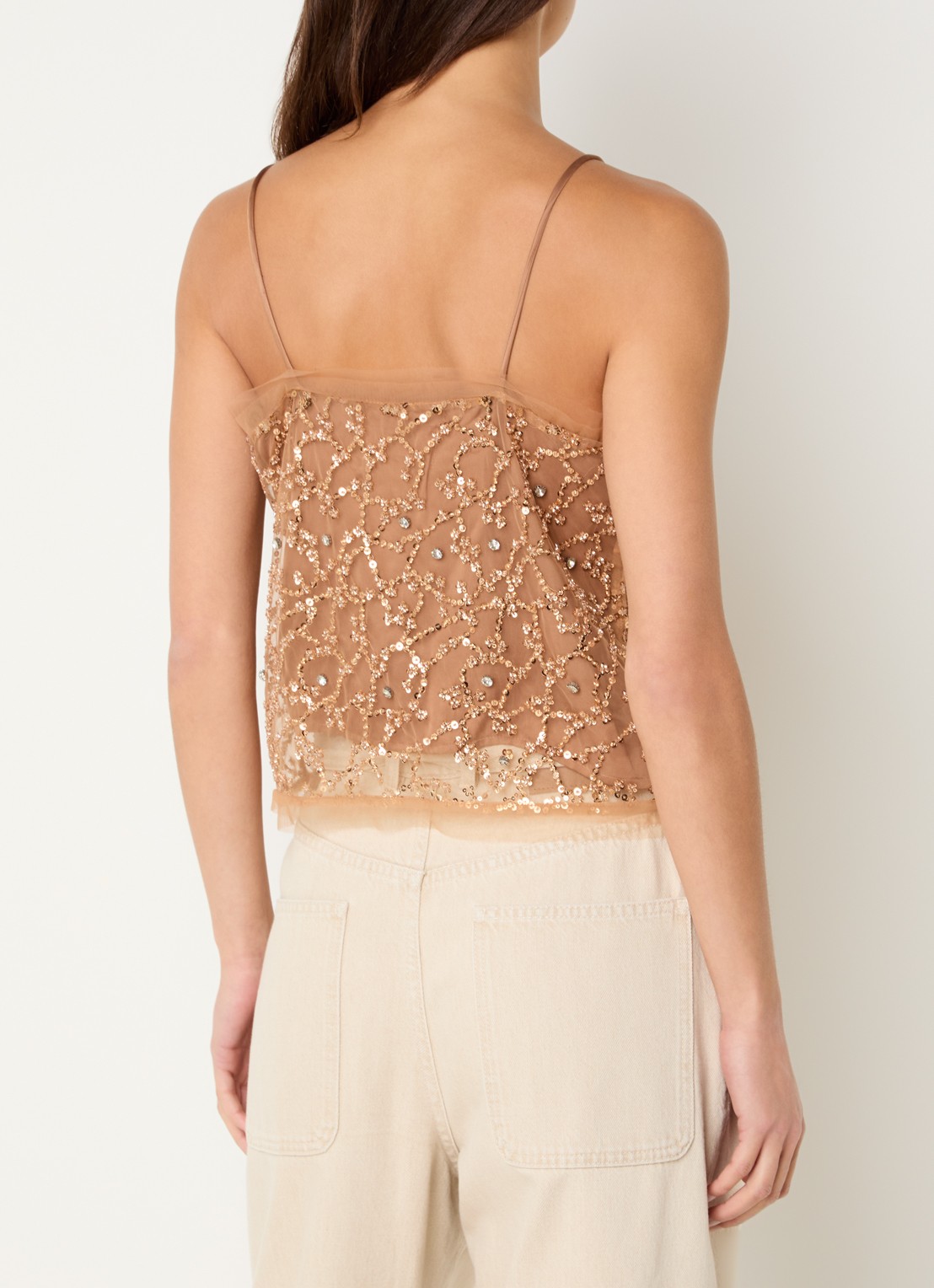 MUNTHE Nannali mouwloze top met strass - achterkant lichtbruin