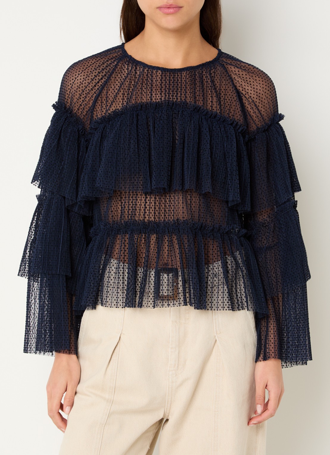 MUNTHE Naria semi-transparante top met stippenprint - detail 2 donkerblauw