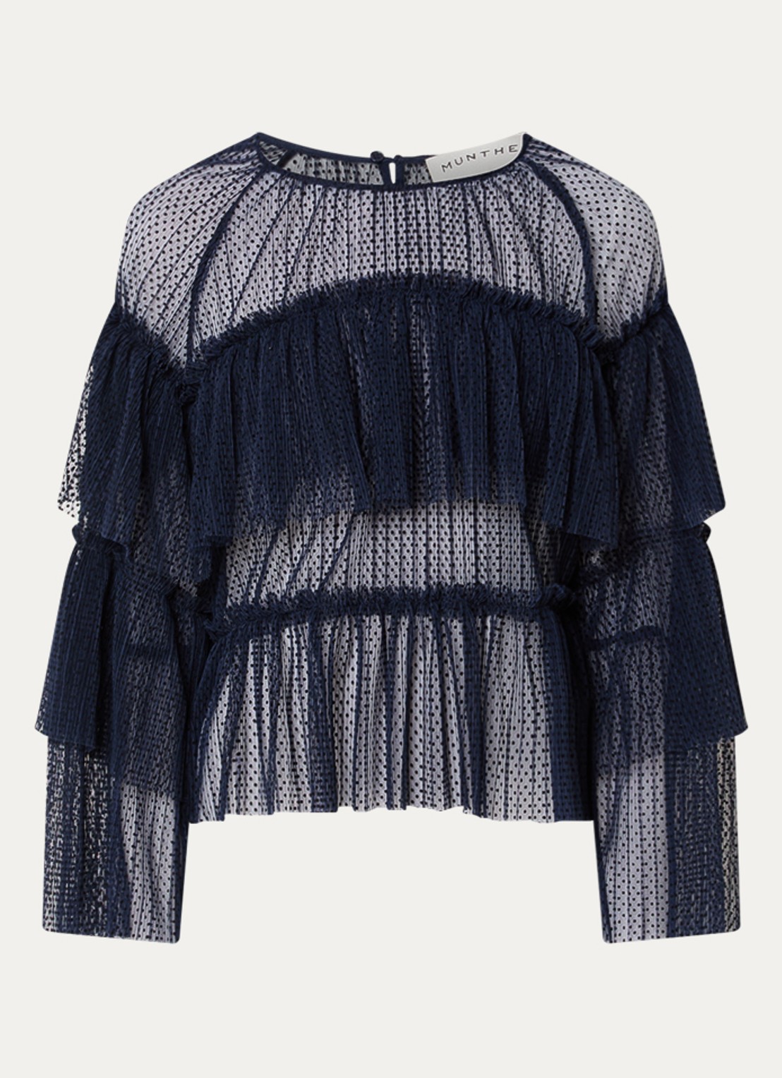 MUNTHE Naria semi-transparante top met stippenprint - voorkant 3 donkerblauw