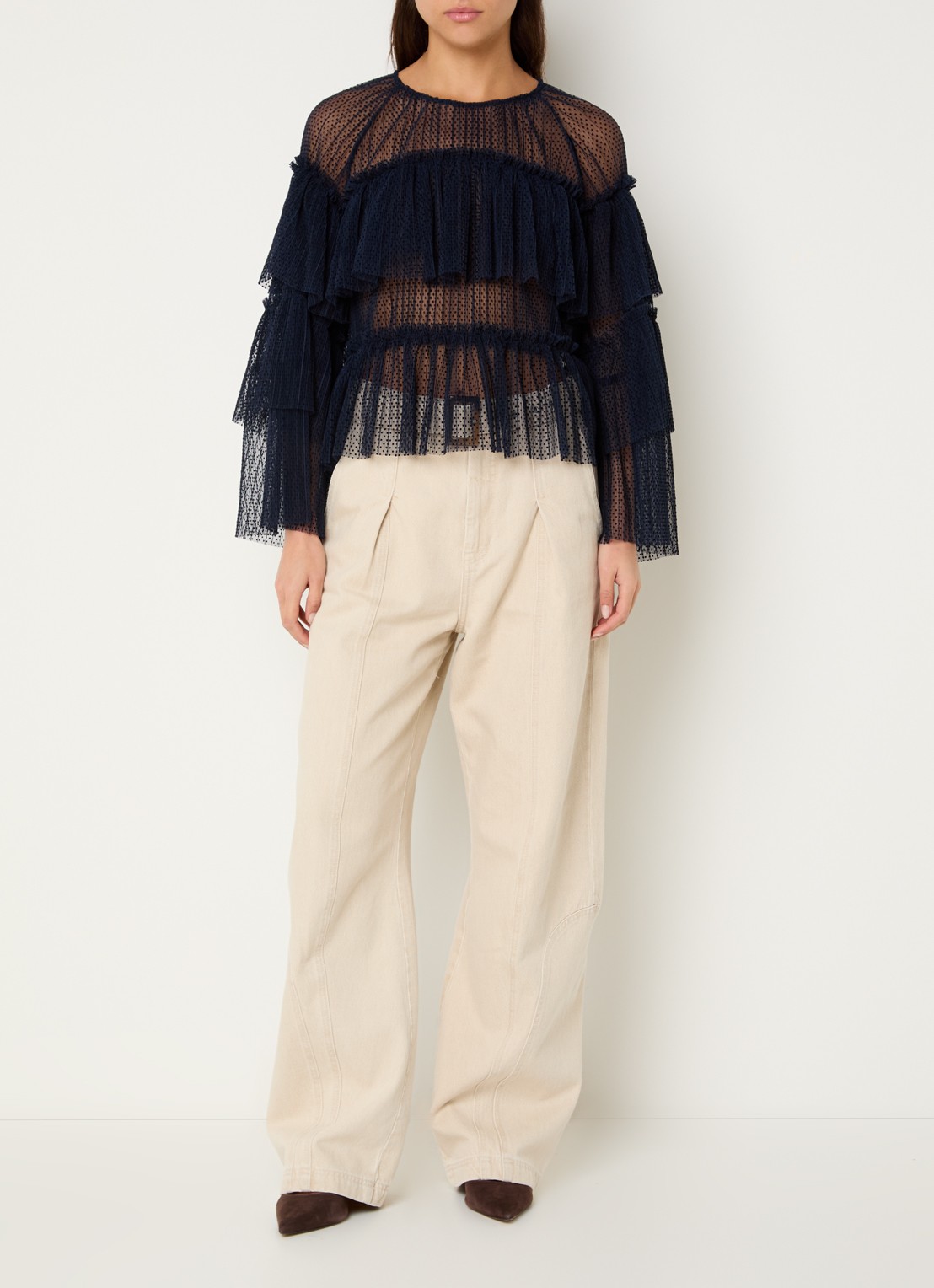 MUNTHE Naria semi-transparante top met stippenprint - voorkant 4 donkerblauw