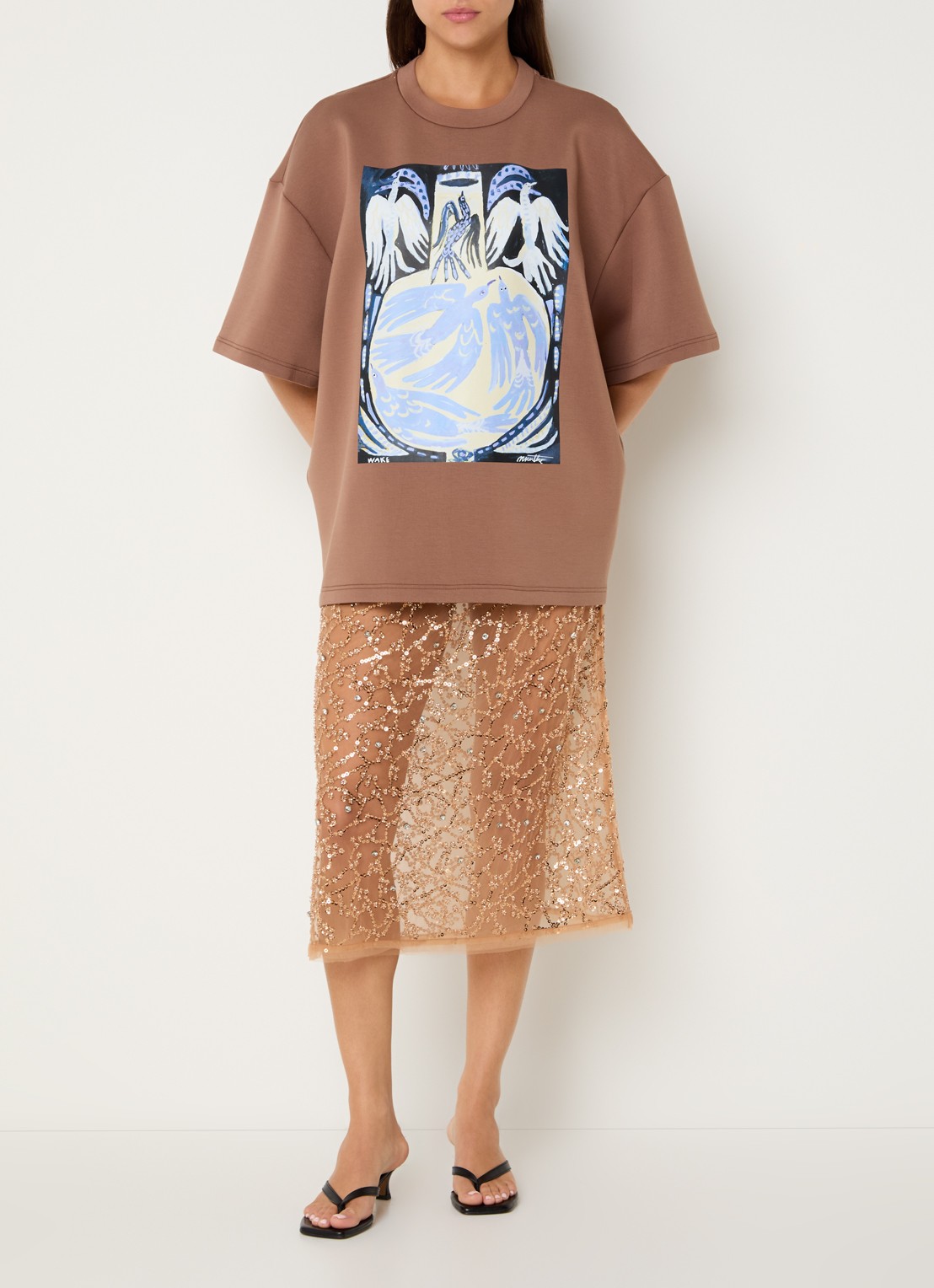 MUNTHE Ninia semi-transparante midi rok met strass - voorkant 2 lichtbruin