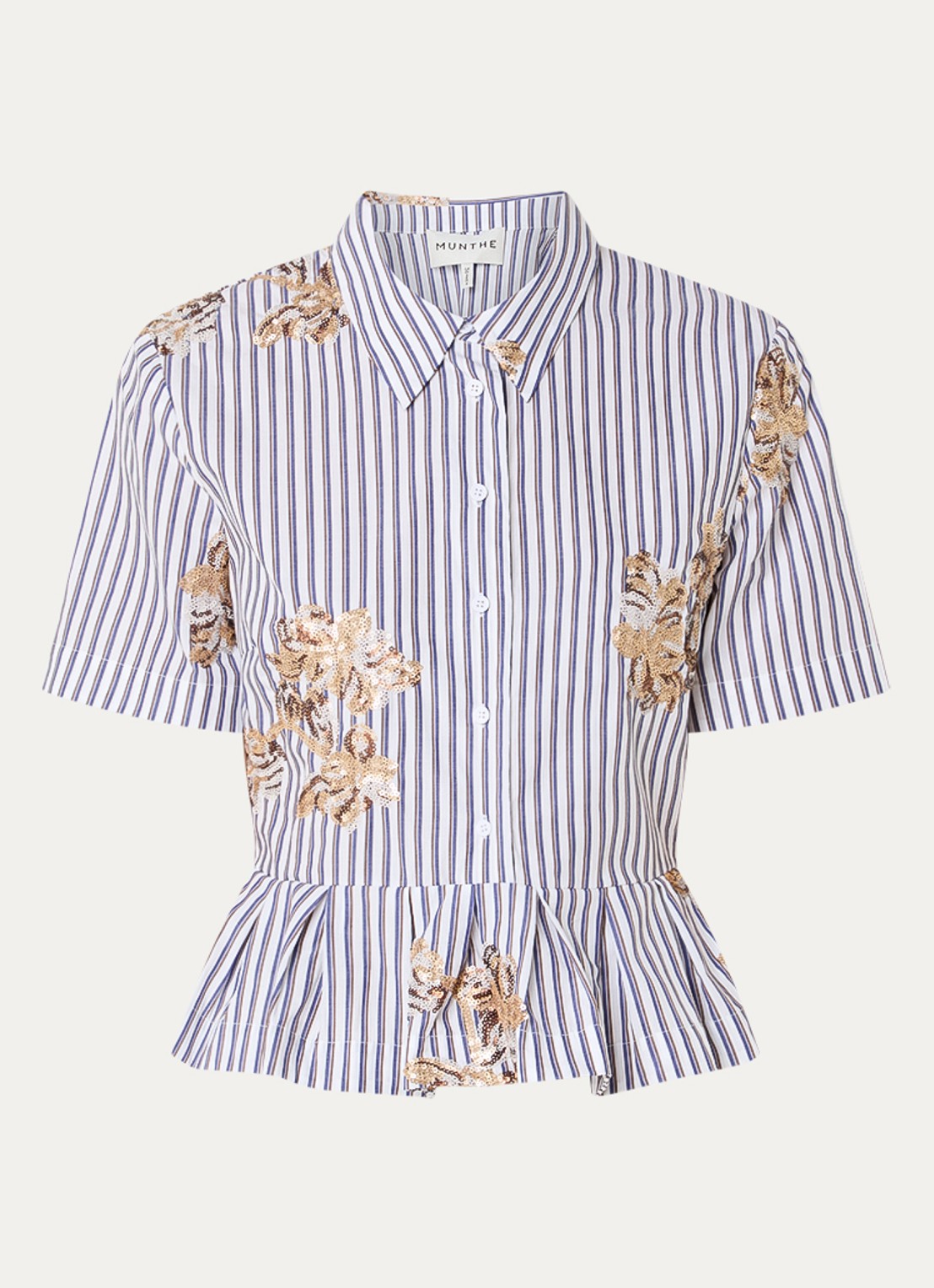 MUNTHE Nuriana blouse met streepprint en pailletten - voorkant 3 donkerblauw