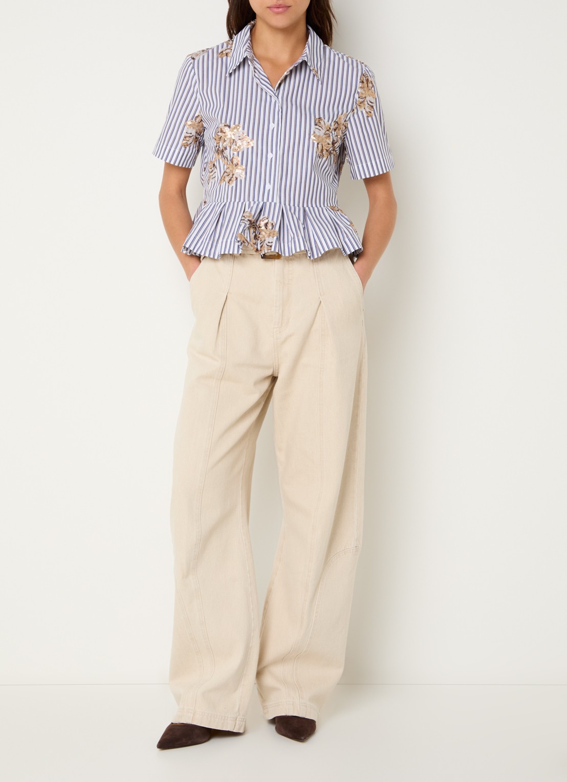MUNTHE Nuriana blouse met streepprint en pailletten - voorkant 4 donkerblauw