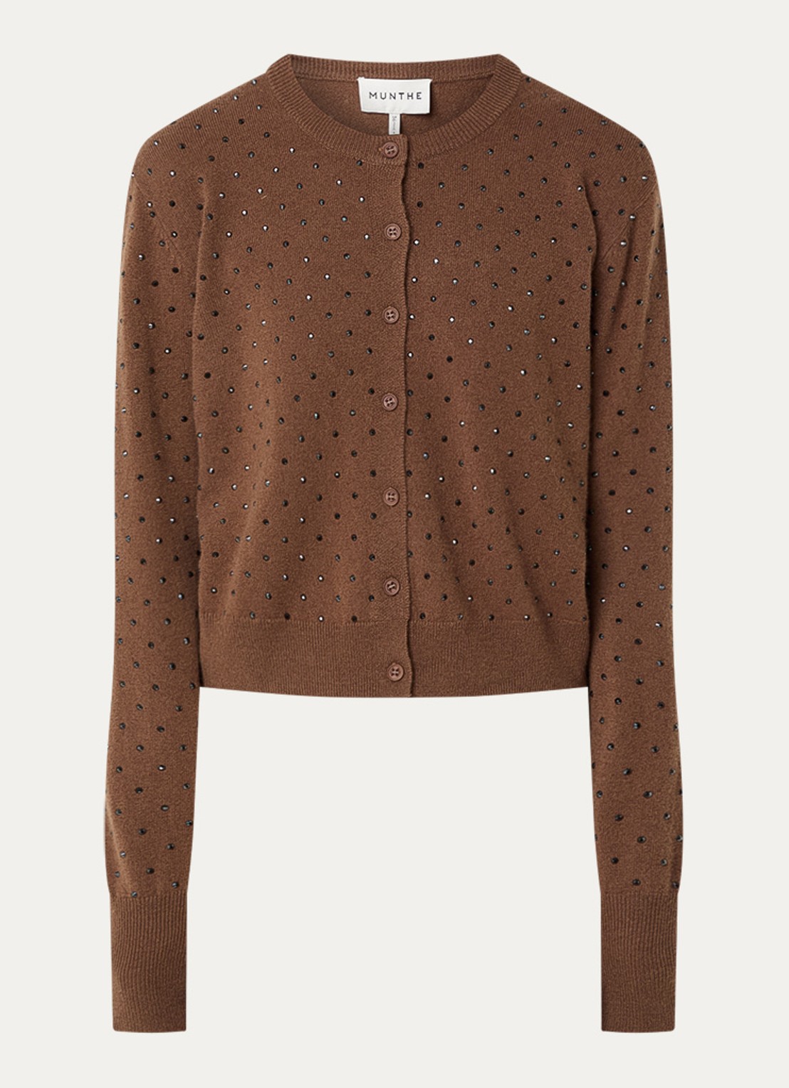 MUNTHE Radcliff fijngebreid vest met strass - voorkant bruin