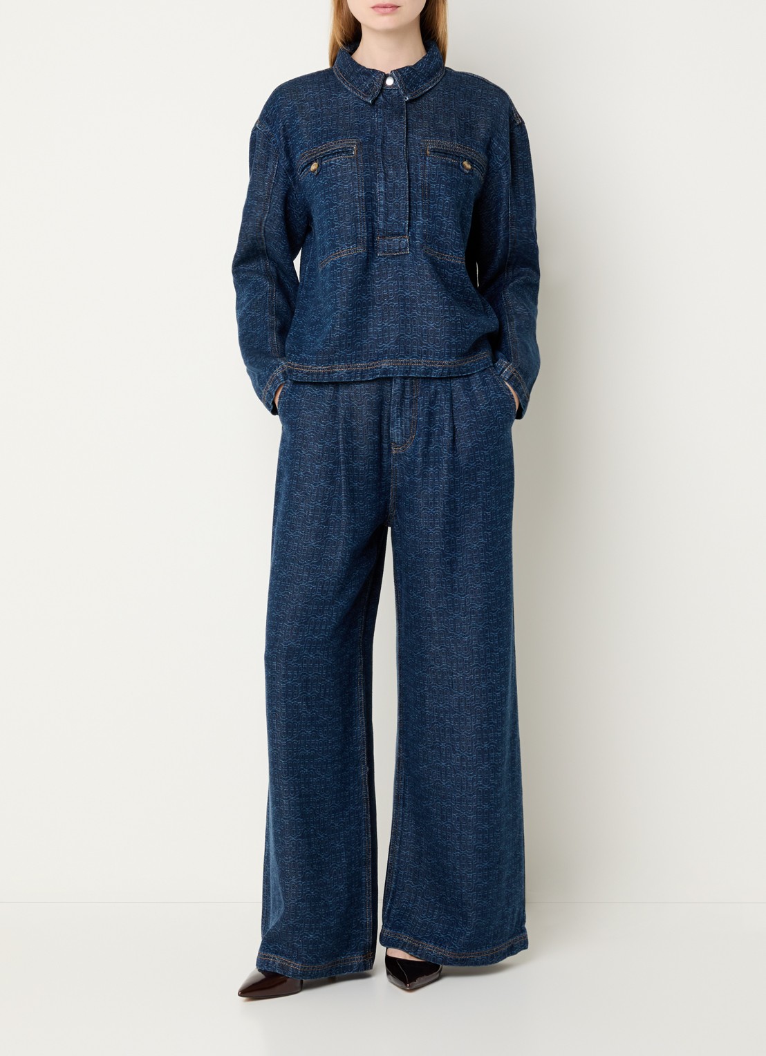 MUNTHE Ronan high waist wide leg jeans met logoprint en donkere wassing - voorkant 4 indigo