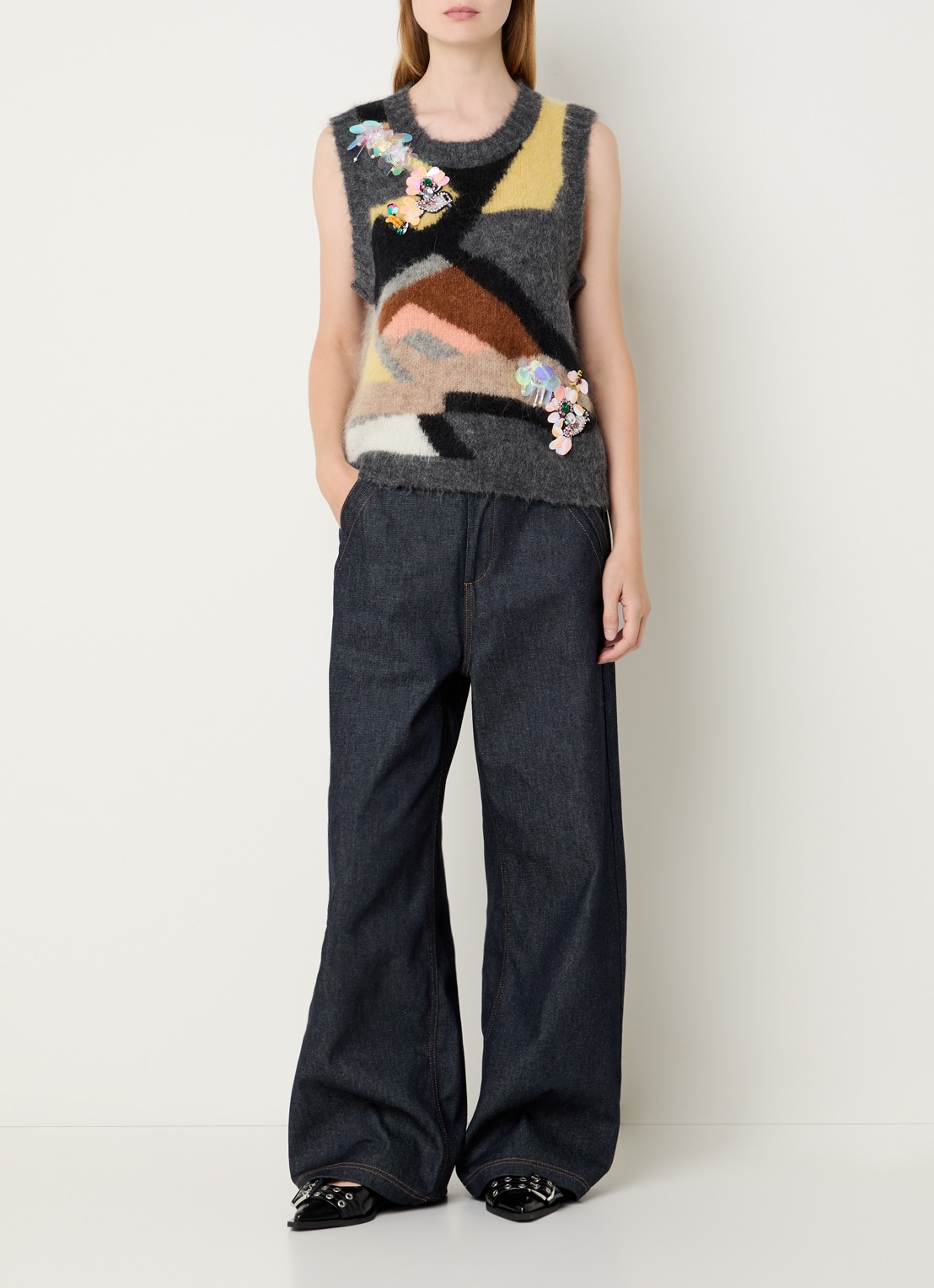 MUNTHE Rubble grofgebreide spencer met strass - voorkant 4 donkergrijs