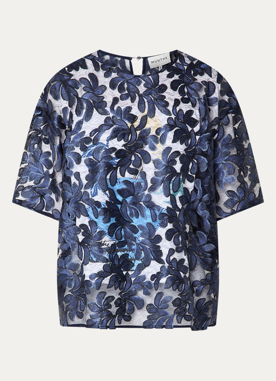 MUNTHE Semi-transparante top met pailetten en borduring - voorkant 3 blauw
