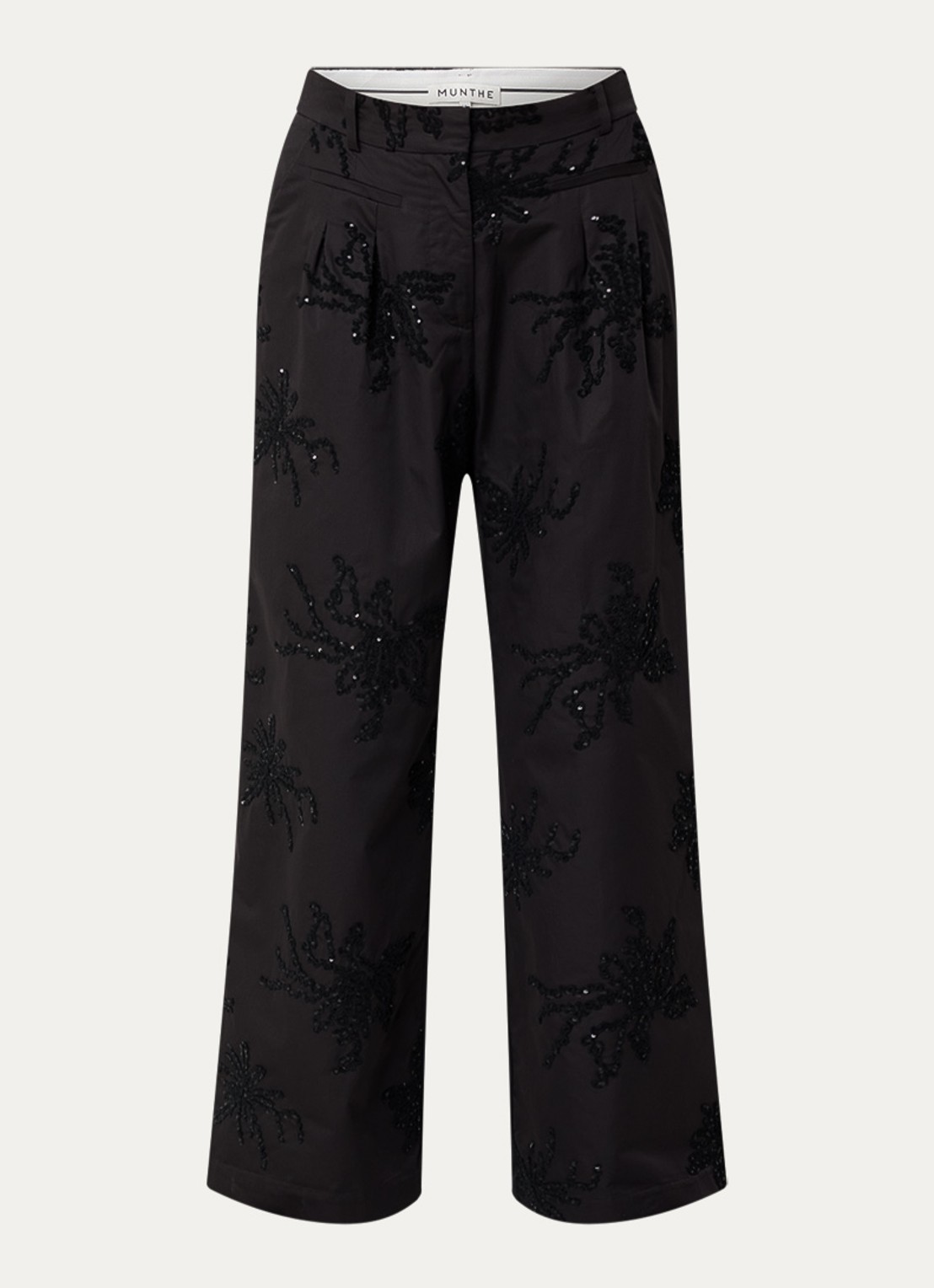 MUNTHE Stormy high waist wide fit palazzo broek met borduring en pailletten - voorkant zwart