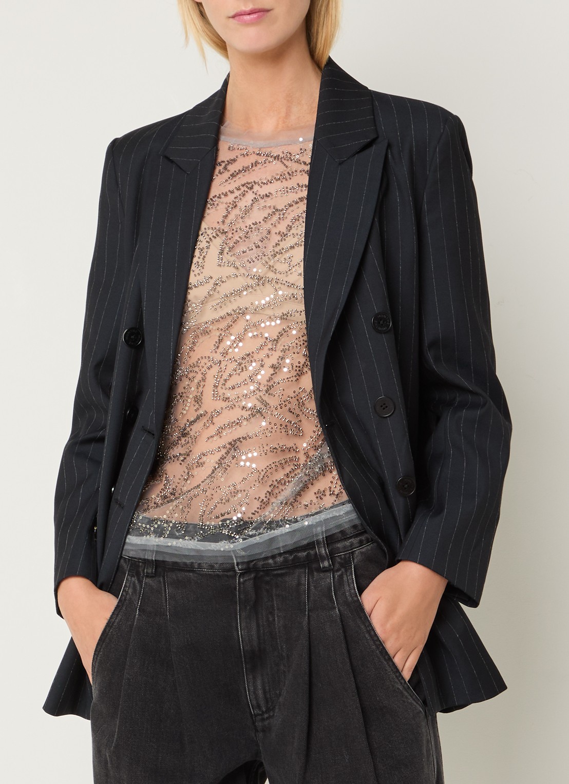 MUNTHE Vun semi-transparante top van mesh met pailletten en strass - detail 2 zilver