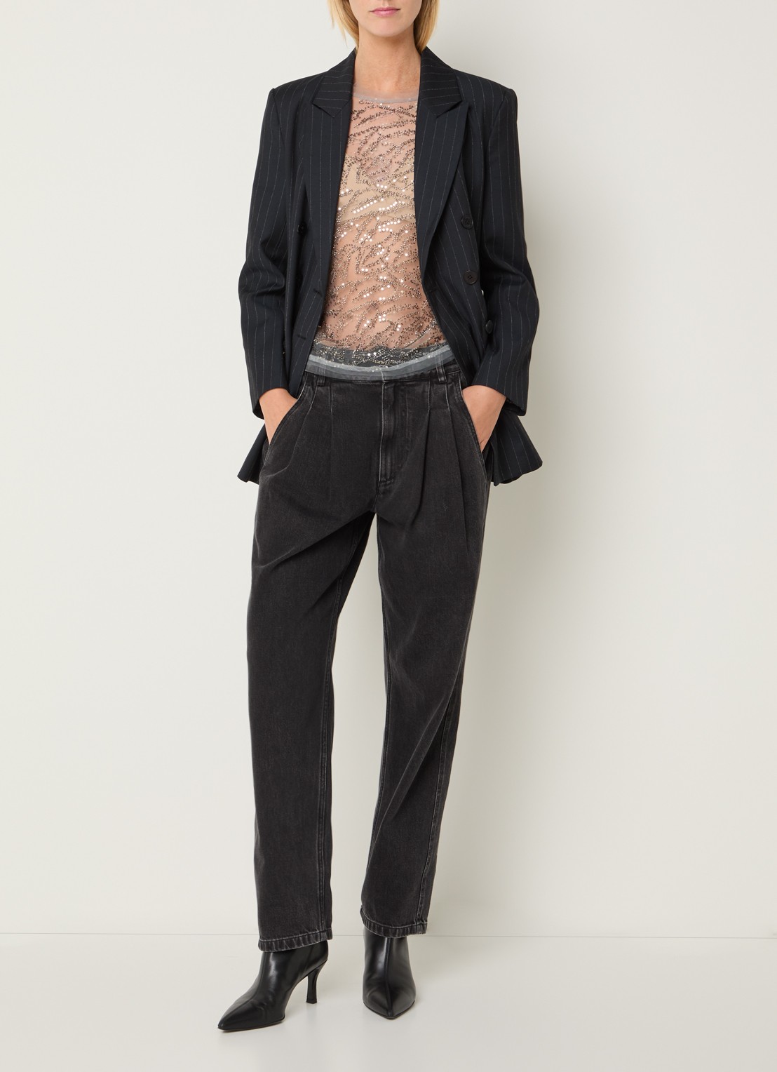 MUNTHE Vun semi-transparante top van mesh met pailletten en strass - voorkant 4 zilver