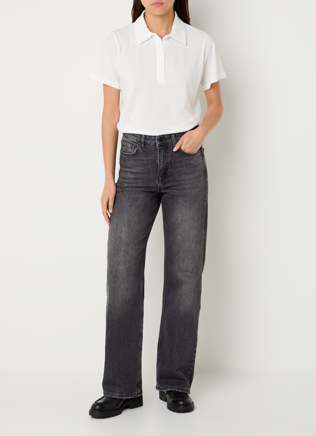 My Essential Wardrobe 35 The Louis high waist wide leg jeans met steekzakken - voorkant 3 donkergrijs