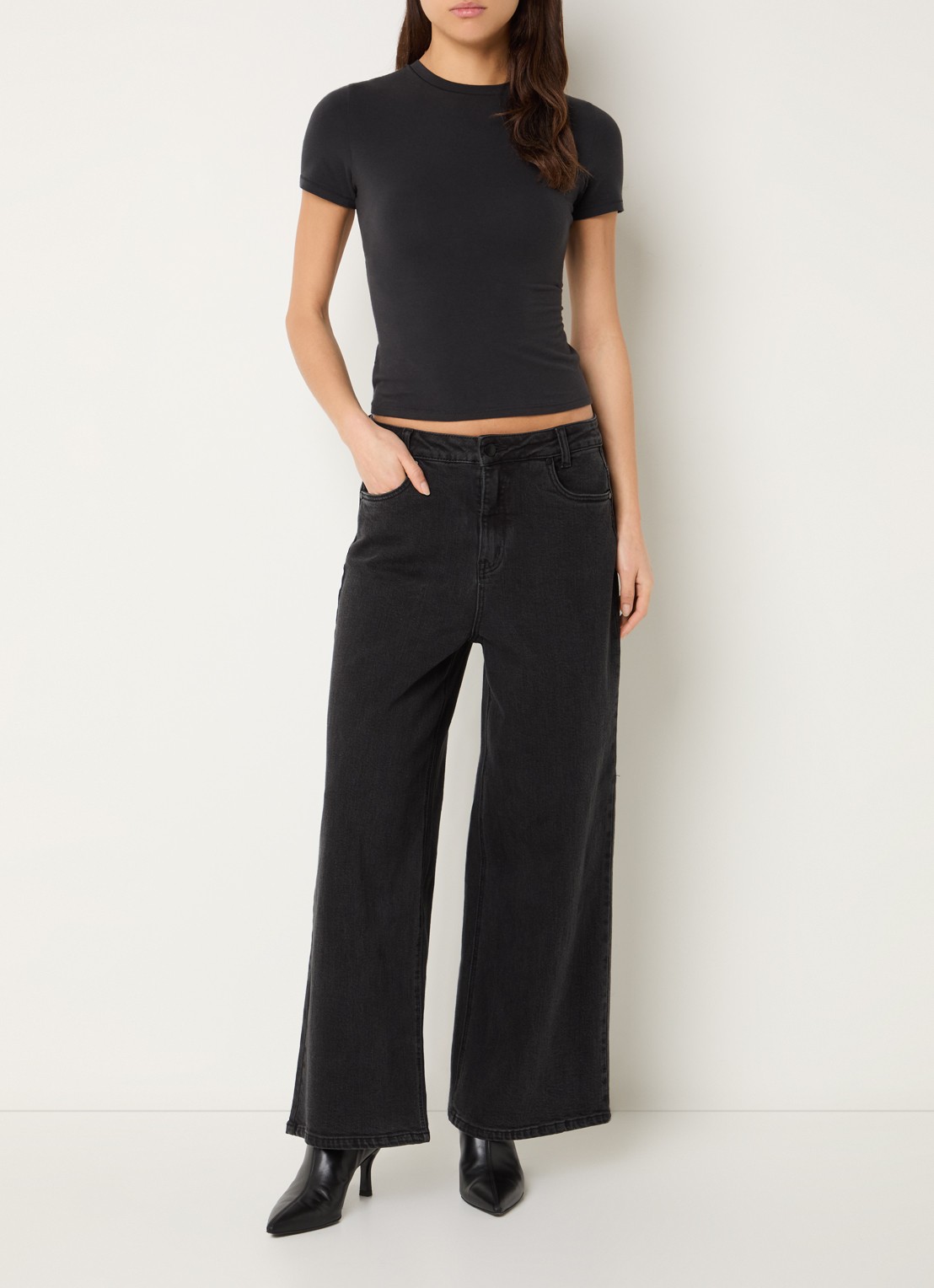 My Essential Wardrobe Alma low waist wide leg jeans met gekleurde wassing - voorkant 5 donkergrijs