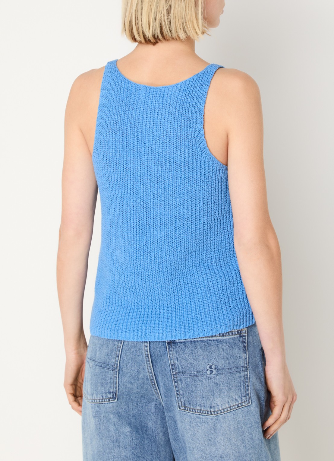 My Essential Wardrobe Diva grofgebreide tanktop in linnenblend - achterkant blauw