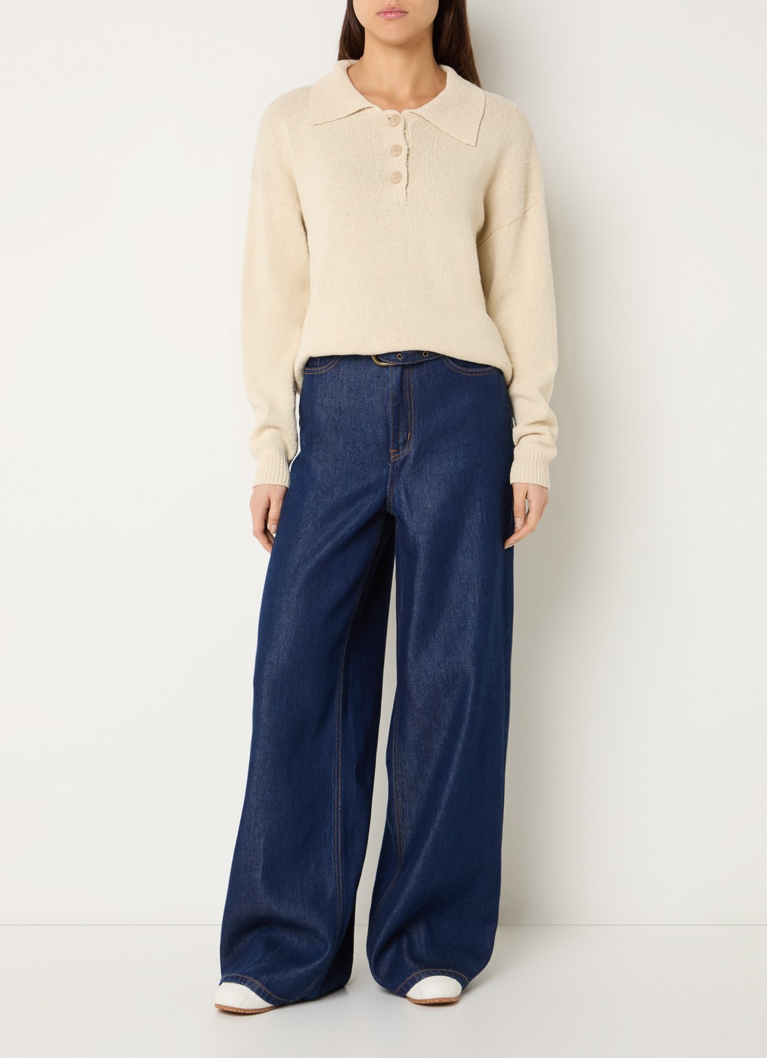 My Essential Wardrobe Diva grofgebreide trui in linnenblend met polokraag - voorkant 3 beige